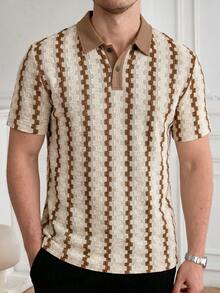 Core Aspect Men's Colorblock Polo Shirt, Vintage Geometric Jacquard Casual Top/Men's Casual Commuting Color Block Short Sleeve Polo Shirt - Khaki - View 6