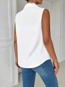 SHEIN Franclia Plus Size Women Elegant Fitted Collared Pearl Decor Casual/Work Office Sleeveless Shirt Teachers' Day White Summer - White - View 2