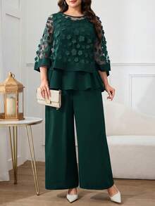 Modelyn 两件套加大码女装藏蓝色3D立体花卉装饰网纱拼接圆领上衣和纯色阔腿裤，适合派对、婚礼、正式场合、晚宴等场合。 - 墨綠色 - 查看 1