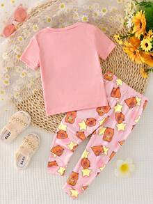 SHEIN 2件套少女针织可爱动物图案T恤和打底裤家居服套装 - 粉色 - 查看 2