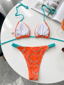 Swim Mod 2pcs/Set Women's Beach Outfit,Red Orange Boho Floral Print Halter Backless Tie Strap Top And Ruched Bikini Bottoms,Summer Holiday Beach Party Outfit - Multicolor - View 2
