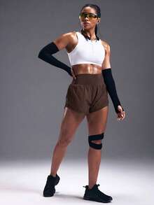 Powerista Solid Color High Waist Double Layer Sports Shorts Women's Elastic Waist Double-Layer Casual Fitness Shorts Women's Elastic Waist Zipper Pocket Daily Fitness Double-Layer Sports Shorts Elastic Waist Sports Shorts With Phone Pocket Flowy Shorts Women Sweat Short, Gym Short, Biker Short For Daily Wear Yoga Yoga Studio Gym Indoor Outdoor Active - Brown - View 7