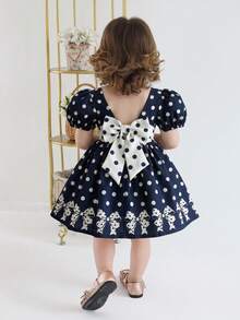 SHEIN LMoss Kids 女嬰編織碎花圓領泡泡袖休閒洋裝 - 彩色 - 查看 2