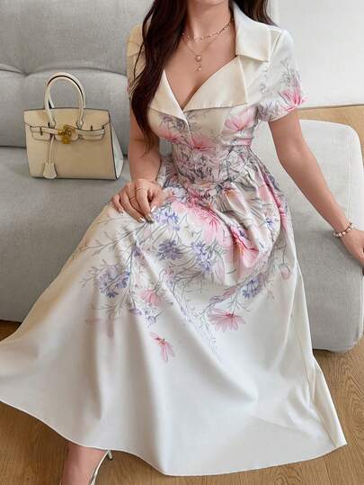 Feyla Đầm hoa thanh lịch, thắt eo, thích hợp cho mùa hè.