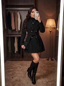 SHEIN Lady Áo khoác len ve kaki mùa thu đông thanh lịch cho phụ nữ quần áo mùa thu Áo khoác nữ Áo khoác len hai hàng khuy có quai đeo Thiết kế áo khoác mùa đông cho phụ nữ Áo gió Áo khoác nữ Quần áo mùa thu cho phụ nữ với quần áo mùa đông cho phụ nữ Trang phục phụ nữ Trang phục mùa thu cho phụ nữ - màu đen - Xem 3