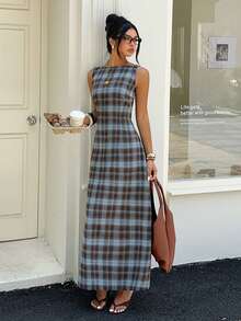 Aloruh Women's Elegant Casual Commute Outdoor Plaid Sleeveless Brown&Blue Dress,Country Style For Women,Holiday,Vacation,Work Office Dress,Summer Dress - Multicolor - View 6