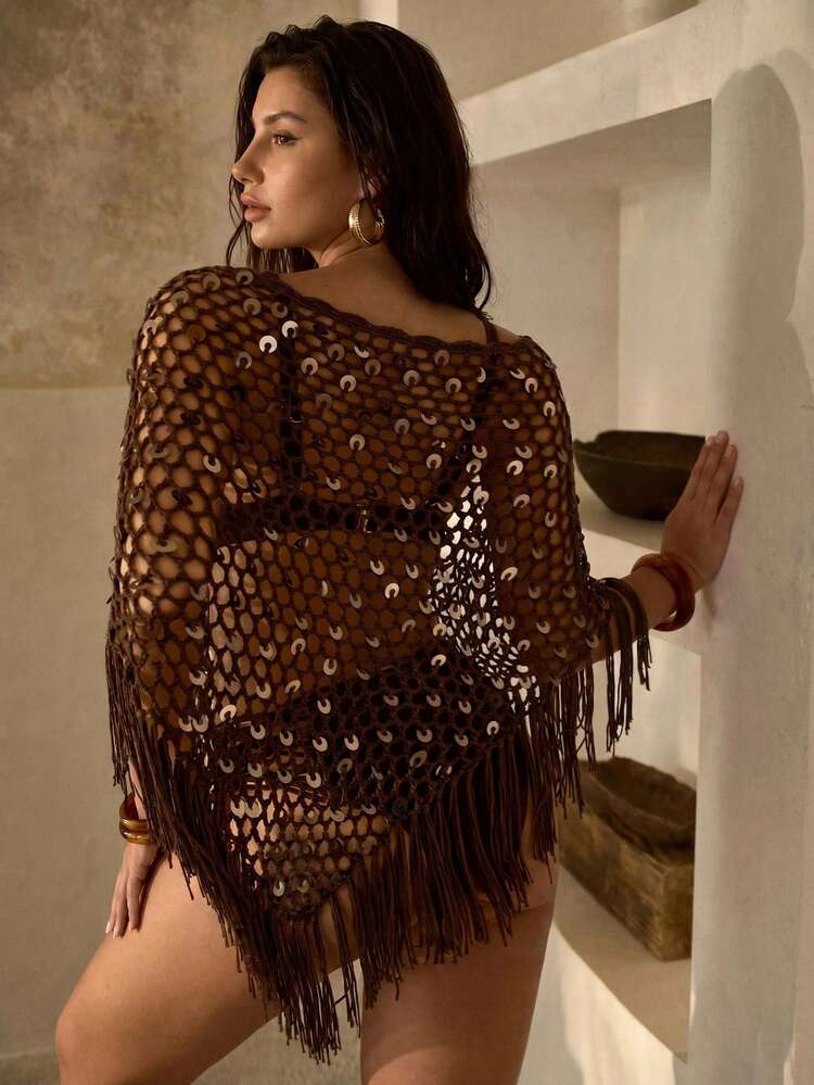PLUS SIZE WOMEN HANDMADE KNITTED TASSEL BOHEMIAN BEADED ASYMMETRIC HEM VACATION COVERUP