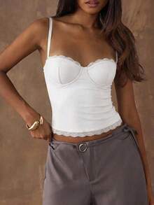 SHEIN BAE Women's Solid Color Contrast Lace Fitted Camisole - White - View 4