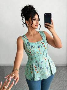 Elenzga Áo sơ mi cổ bẻ họa tiết hoa thanh lịch size lớn, phong cách đồng quê Pháp - Màu xanh Bạc hà - Xem 7