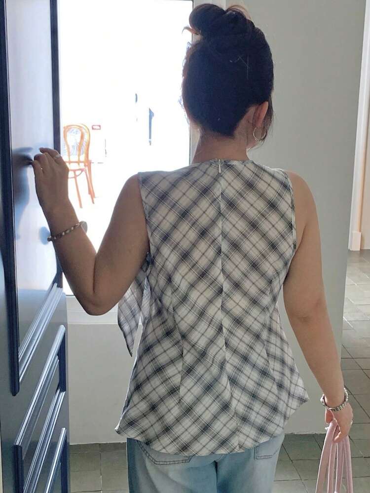 Dazy Plus Round Neck Ribbon Tie Plaid Korean Style Sleeveless Bow Casual Plus Size Women's Spring/Summer Shirt With Slit Hem