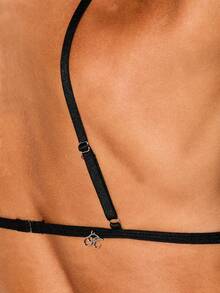 KIZN Triangle Bra With Scalloped Lace Trim Detail, Deep V-Neckline, Adjustable Straps, Logo Hardware Accent - Black - View 3