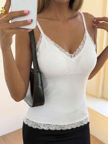 DAZY Seamless Lace Patchwork Solid Color Padded Camisole Vest, Women's Lingerie Bra - White - View 5