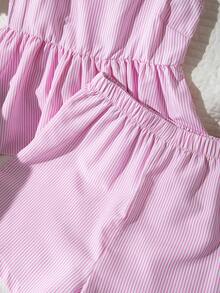 SHEIN 2件組青少年女孩時尚新款春夏休閒雪紡櫻桃數位印花吊帶上衣與數位印花鬆緊腰短褲，日常/度假穿搭 - 粉色 - 查看 4
