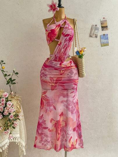 Soleia Women's Romantic Vacation Fuchsia Floral Print Pleated Beaded Hollow Halter Maxi Dress, Casual, Date, Valentine's Day, Afternoon Tea, Beach, Cruise, Island Resort, Brunch, City Vacation, Music Festival, Party, Boho, Hippie, Western, Versatile, All Season