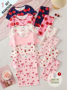 [1 Set Random] 2-Piece Tween Girl Sweet Cherry Heart Cartoon Bear Pattern Short Sleeve & Shorts Snug Fit Pajamas Soft Lightweight Summer Knit - Multicolor - View 1