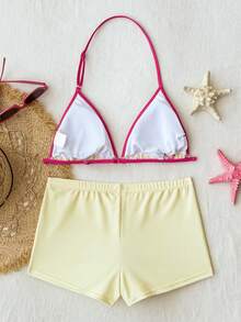 SHEIN Teen Girls Floral Print Tankini Set,Includes Spaghetti Strap Crop Top And Matching Shorts,Suitable For Summer Beach Vacation,Ideal Hawaii Fashion - Yellow - View 2