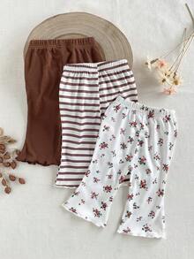 SHEIN Playful Pals 3条装女婴碎花条纹纯色弹力腰喇叭裤休闲裤，春秋季 - 咖啡棕 - 查看 2