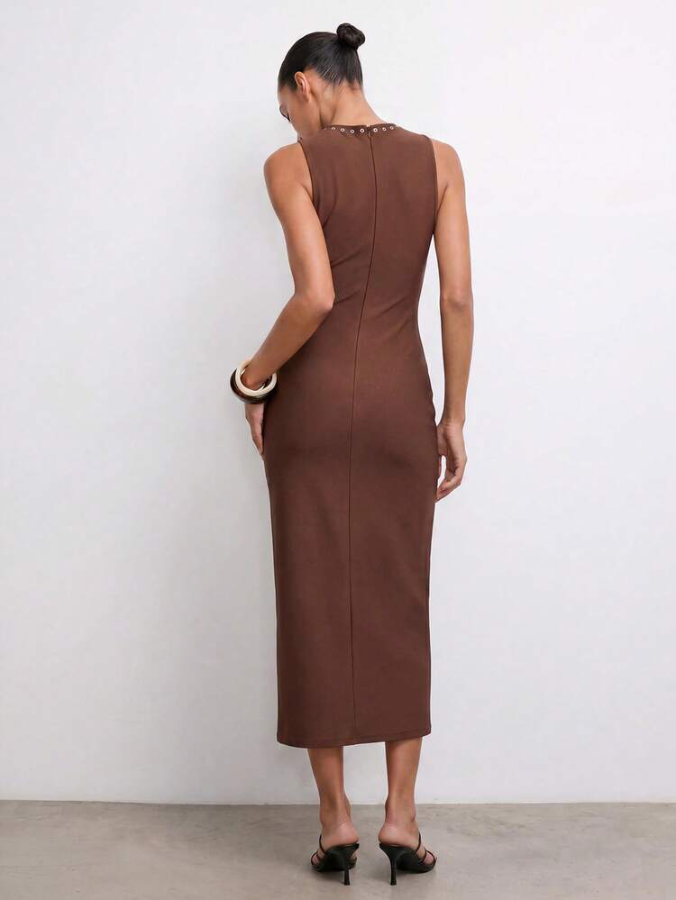 SHEIN Maija Brown Sleeveless V Neck Ruched Midi Dress For Women Knitted Fabric Tank With Slit Hem