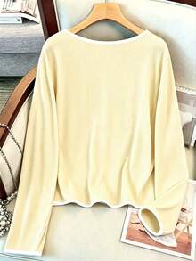 GlowEve CURVE Plus Size Women 2pcs Set: Long Sleeve Single-Breasted Cardigan And Camisole, Casual Fall - Light Yellow - View 2