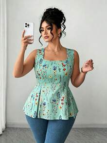Elenzga Áo sơ mi cổ bẻ họa tiết hoa thanh lịch size lớn, phong cách đồng quê Pháp - Màu xanh Bạc hà - Xem 1