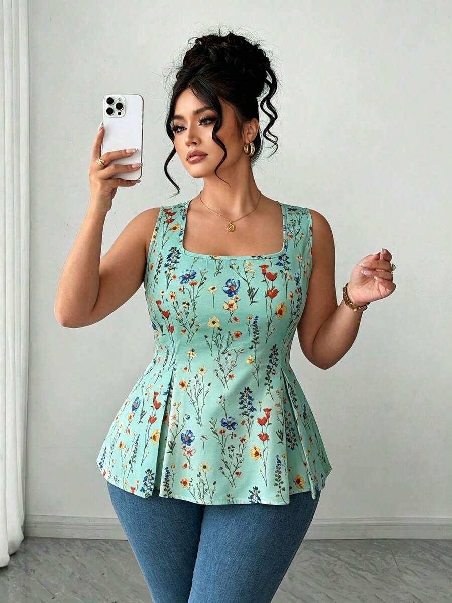 Elenzga Áo sơ mi cổ bẻ họa tiết hoa thanh lịch size lớn, phong cách đồng quê Pháp - Màu xanh Bạc hà - Xem 1