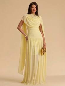 SHEIN BAE 1 chiếc đầm mùa hè màu vàng trơn, cổ choàng, dáng chữ A, thanh lịch, đầm vàng, đầm ôm sát, đầm xòe, trang phục dự tiệc cưới. - Màu vàng - Xem 3