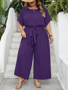 SHEIN CURVE+ 大尺碼 US22 音樂節、海邊度假、波希米亞風女款優雅圓領修身寬腿連身褲 - 紫色 - 查看 5