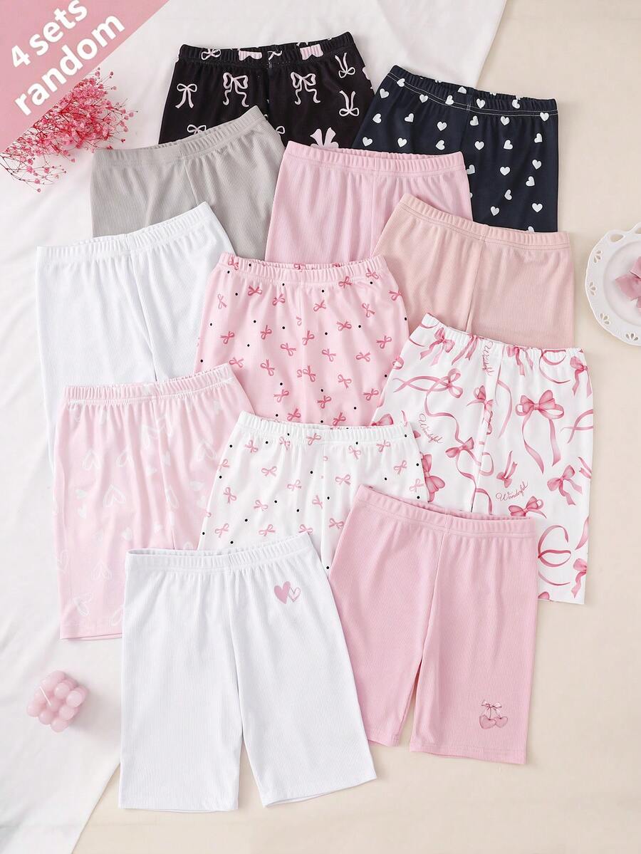 Random 4Set  Tween Girls Leggings Set Blind Box Style 2 Pieces Including Multi-Color Solid Basic Styles Covering Light Pink,