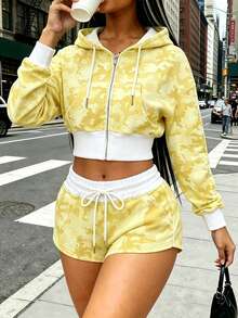 Rovax Fitted Cropped Raglan Hoodie Top + Side Pocket Shorts Set - Yellow - View 4
