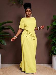 Veslaya 2pcs/Set 2026 Spring/Summer Casual Vacation Solid Color Asymmetric Hem Short Sleeve Top And Elastic Waist Wide Leg Pants Plus Size - Light Yellow - View 3