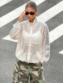 Muchica Contrast Color Mesh Women Long Sleeve Lightweight Jacket - Beige - View 3