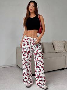 CovetEZ HELLO KITTY AND FRIENDS | SHEIN Women's Casual Low Waist Straight Leg Pants, Summer Outfit, Streetwear, Suitable For Daily Commute, Date, Party, Autumn/Winter, Summer, Christmas, New Year, Thanksgiving, Party, Wedding, Beach, Graduation, Elegant, Casual, Outing - Multicolor - View 7