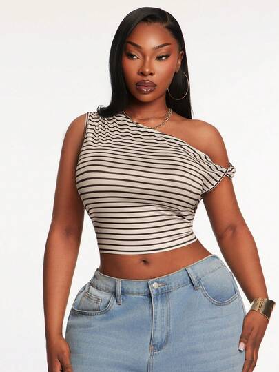 Radiana Plus Size Women's Apricot Brown Striped Elegant Versatile Asymmetrical Collar Cropped Fitted T-Shirt Crop Top,Suitable For Leisure,Daily Wear,Versatile,Street Style,Coachella,Western Wear,Music Festival,Vintage,Minimalism,Concert,Carnival Party,Resort,Outing,Vacation,Holiday,Date Night,Gathering,Birthday,Bachelorette Party Outfit ,Gyaru,Break,Rave,Modest,Chic,Club,Cute,Casul,Shopping, Streetwear,Going Out,Y2K,Y3K,Coquette,Flatter The Figure