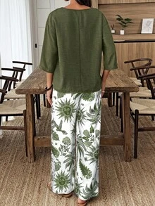 Elouméa 藍色花卉印花度假風兩件套，七分袖，休閒春/夏穿搭 - 彩色 - 查看 2