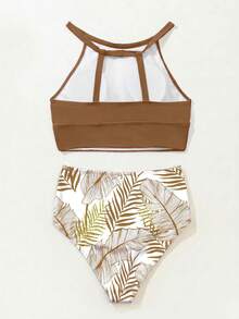 SHEIN Swim 女士夏季度假沙滩树叶印花吊带泳衣套装 - 咖啡棕 - 查看 2