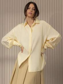 KÆRIA Hus Ciro Button Up Shirt - Viscose Drape, Button Up, Relaxed, Shirt Collar, Long Sleeve, Textured, Tonal Stripe, Relaxed Fit - Butter Yellow Stripe - Yellow - View 6