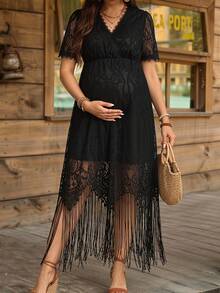 Boho Mama 孕妇纯色休闲蕾丝边流苏装饰短袖连衣裙 - 黑色 - 查看 1