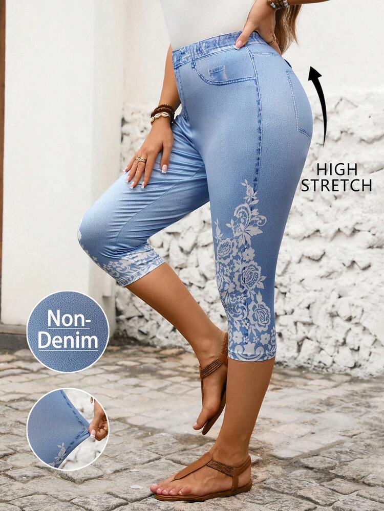 Plus Size Women Summer Casual Vacation Country Denim-Effect & Floral Print Summer Outfits Leggings,Country Concert Outfit,Festival Outfits For Women