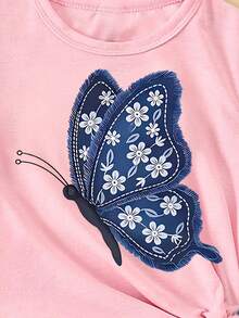 Girls' Casual Butterfly Print Basic Tee, Comfortable Daily Wear, Suitable For Spring, Summer And Autumn - Pink - View 4