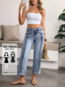 SHEIN PETITE 女款休閒水洗條紋斜口袋直筒牛仔褲，適合嬌小女性 - 藍色 - 查看 1