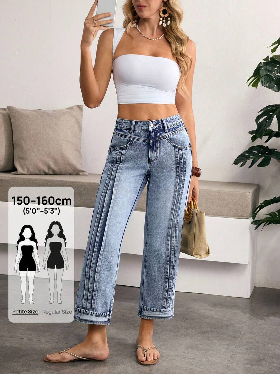 SHEIN PETITE 女款休閒水洗條紋斜口袋直筒牛仔褲，適合嬌小女性 - 藍色 - 查看 1