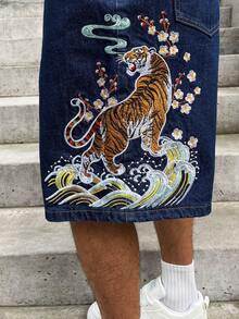 GALLERY FADE Celana Pendek Denim Biru Bordir Longgar Kasual Pria, untuk Liburan - Dark Wash - View 2