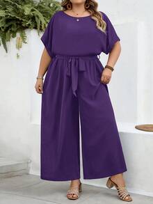 SHEIN CURVE+ 大尺碼 US22 音樂節、海邊度假、波希米亞風女款優雅圓領修身寬腿連身褲 - 紫色 - 查看 6