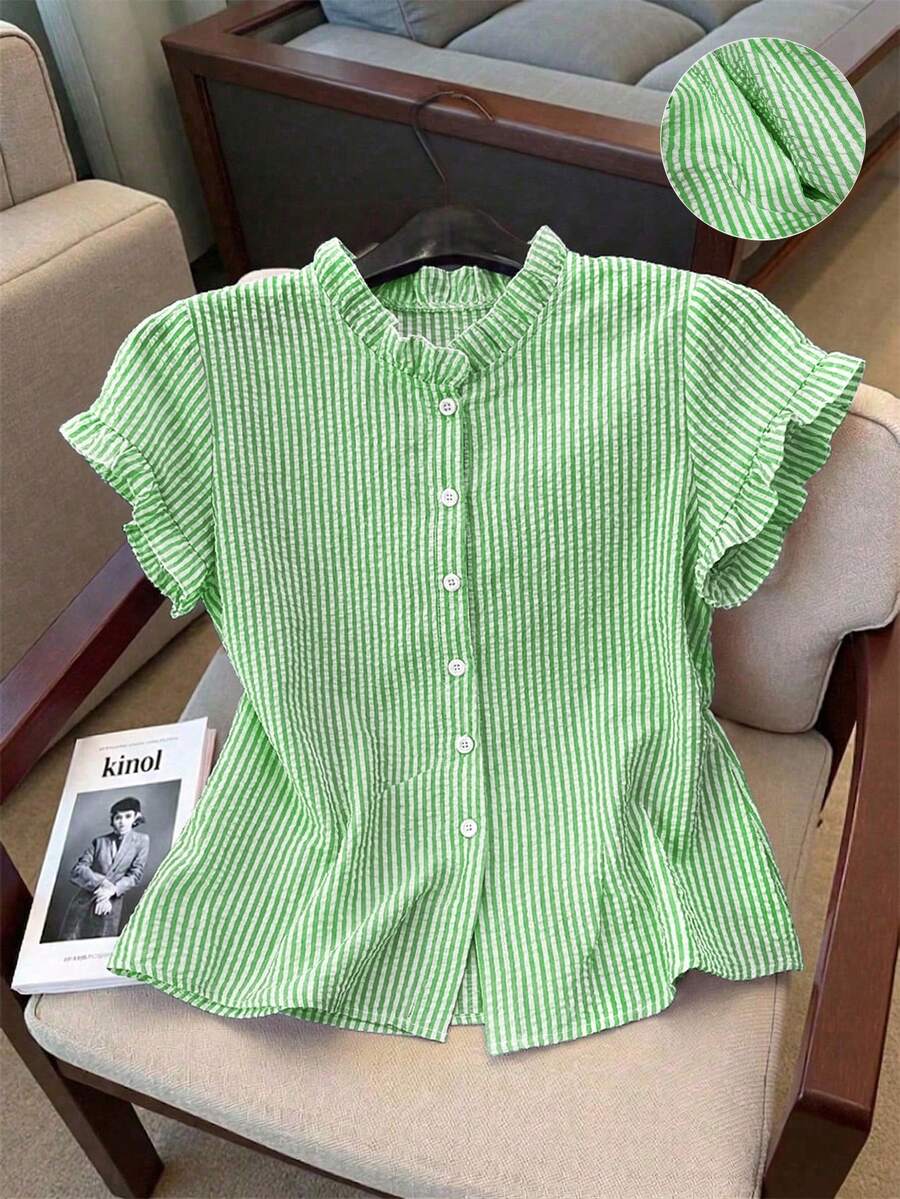Franclia Women's Short Sleeve Ruffle Collar Front Button Striped Shirt - Green - View 1