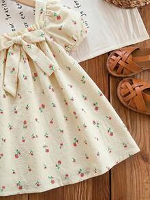 SHEIN Đầm ngắn tay ngắn thắt nơ màu xanh lá cây dễ thương cho bé gái, thích hợp cho kỳ nghỉ hè. - Nhiều màu - Xem 3