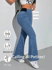 SHEIN PETITE 女款高腰彈性針織丹寧喇叭褲，藍色格紋，夏季休閒街頭風，優雅修身高彈力牛仔褲，適合小個女生，辦公穿搭 - 藍色 - 查看 6
