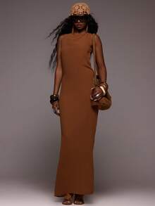MUSERA Chiffon Open Back Boat Neck Maxi Dress With Trim Detailing Bohemian Boho Summer Vacation Festival Ibiza Elegant Y2k Trinket Coffee Brown - Rust Brown - View 4