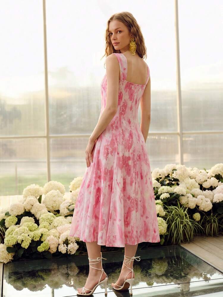 WOMEN'S MID-LENGTH DRESS, FRENCH DESIGN PINK & WHITE, FLARED STRAP DRESS WITH ABSTRACT PATTERN
