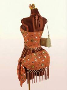 Amplova Women's Retro Sexy Avant-Garde Beaded Embroidered Floral Tassel Hem Cute Mini Skirt, Suitable For Vacation - Orange - View 10