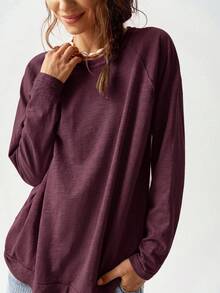 Bohemela Camiseta holgada de mujer de manga raglán de cuello redondo de punto de color liso para vacaciones - Rojo violeta - Ver 7